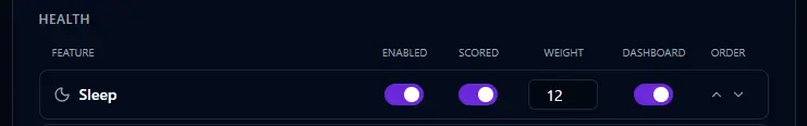 BitHustle Settings showing sleep tracking toggle, scoring toggle, weight slider, and dashboard visibility